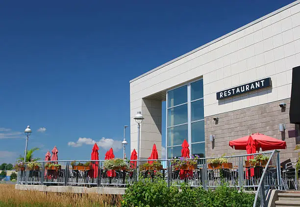 Modern restaurant exterior with outdoor patio – commercial pest control Maine