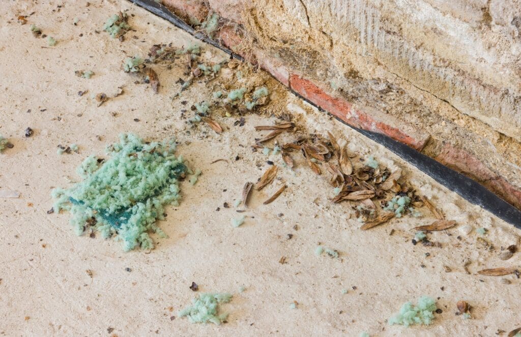 Rodent droppings and debris on floor near wall, indicating infestation in Southern Maine