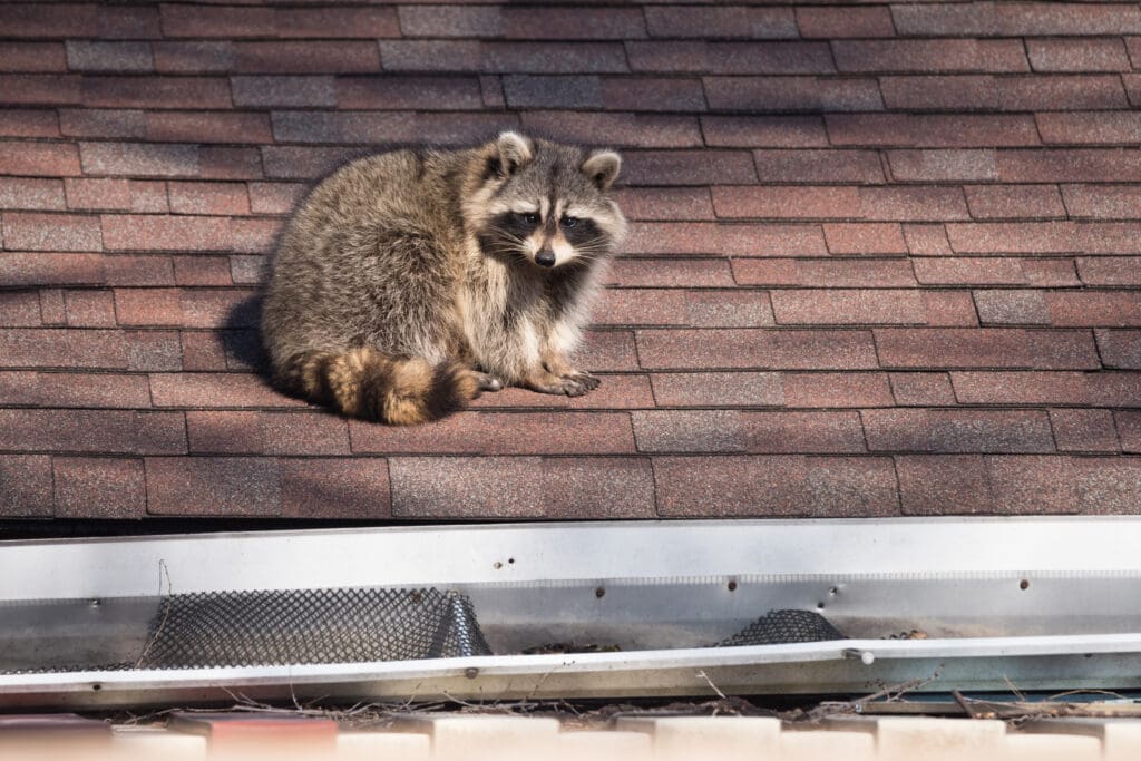 A raccoon sitting on an asphalt shingle roof next to the gutter and roof edge